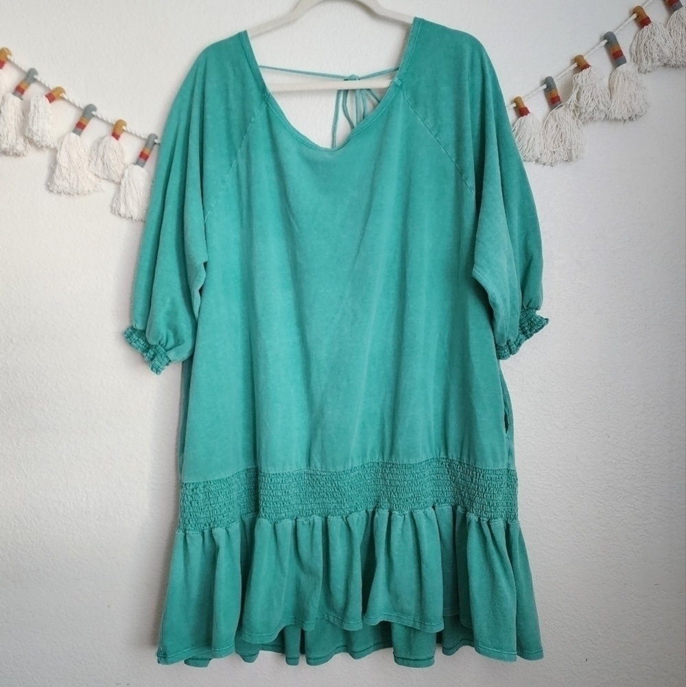 Free People Beach Green Smocked Ruffle Babydoll Shirtdress Beachy Coverup Coasta